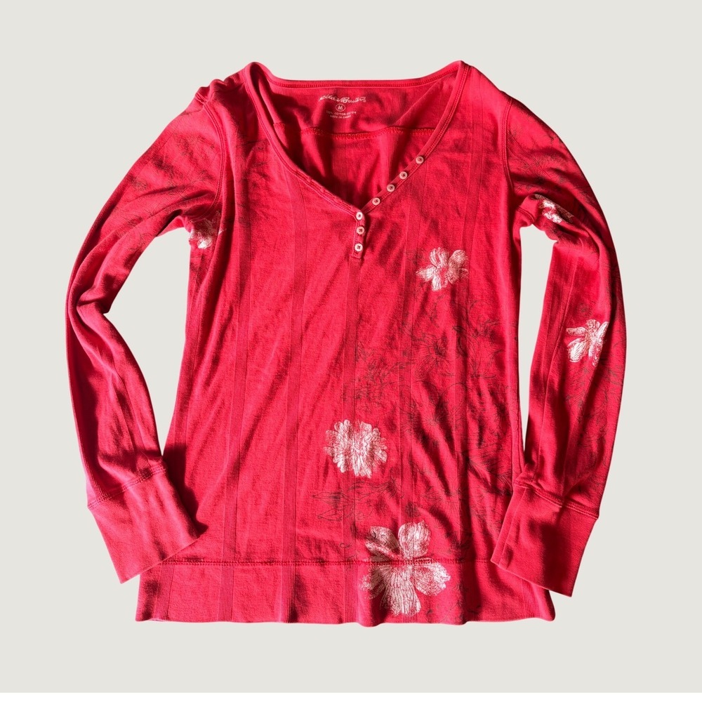 Y2K Eddie Bauer Red Floral Henley Long Sleeve Ribbed Cotton Top Scene #15